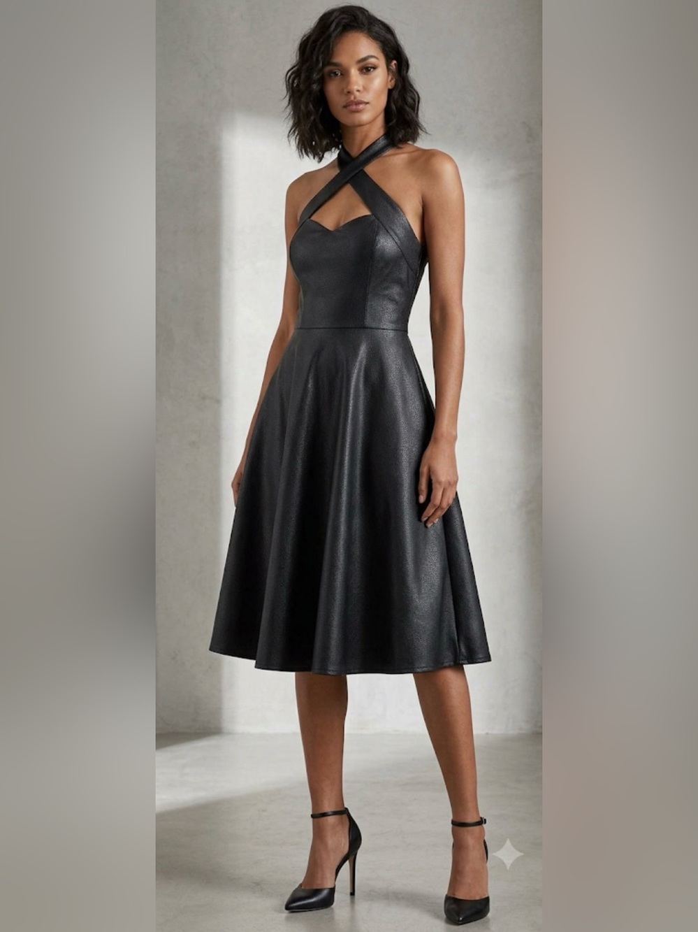 Collectif Black Cross-Neck Fit-and-Flare Midi Dress